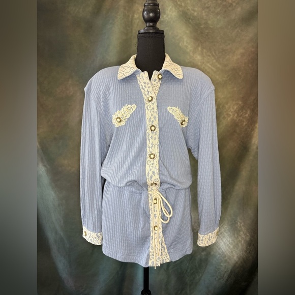 Vintage Lacy Afternoon Blue Button-Down Shirt with Lace & Floral Details - Picture 1 of 10
